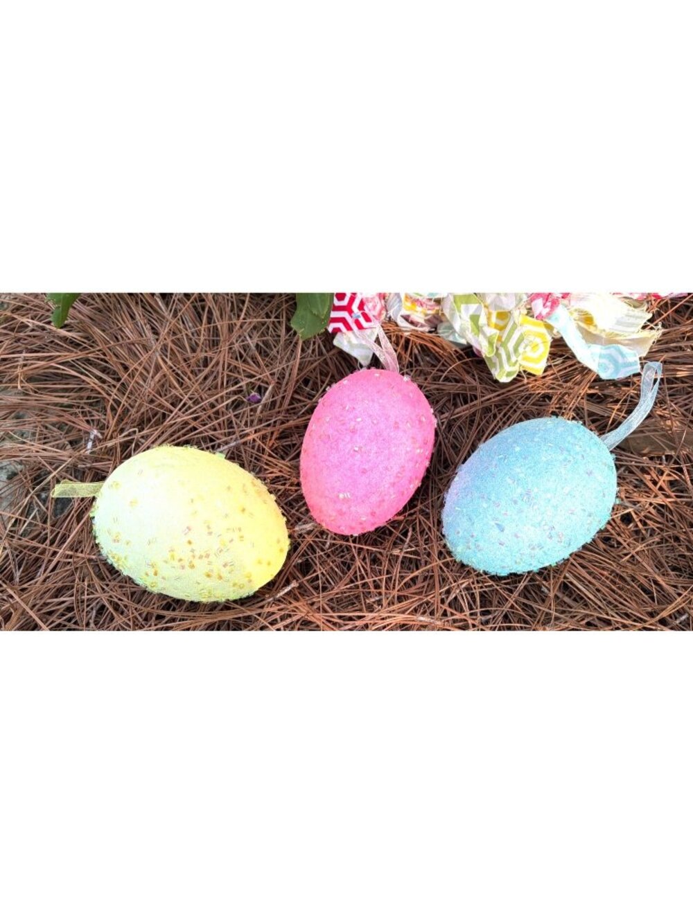 Set Of 3 Glittery Hanging Foam Easter Egg Decorations - Yellow Pink & Blue S
